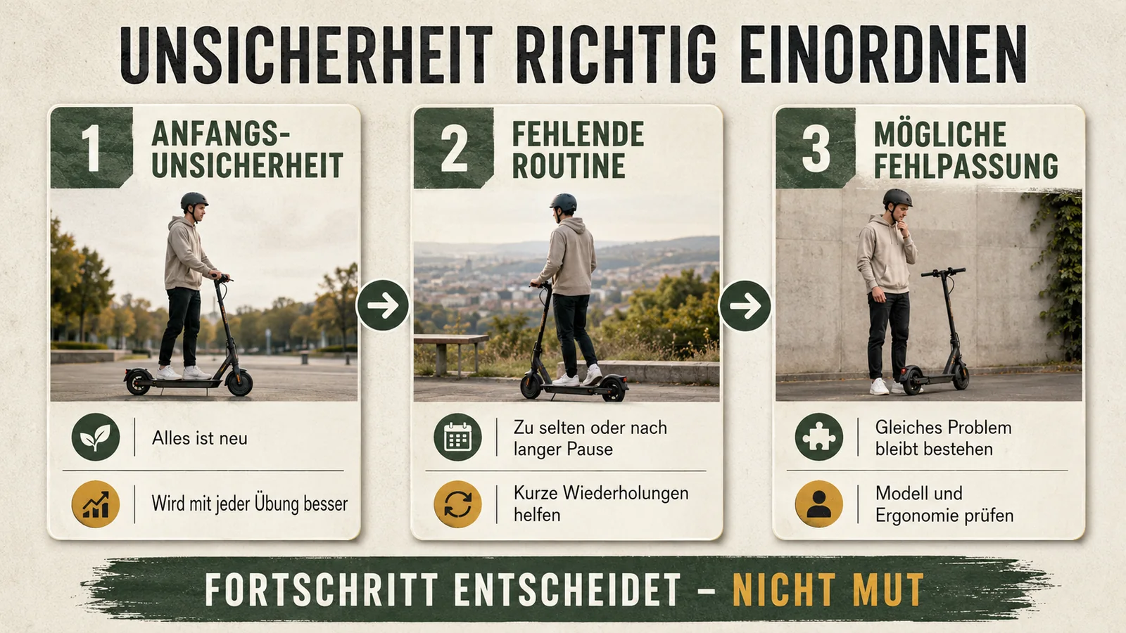 Infografik: Unsicherheit richtig einordnen – Anfangs-Unsicherheit, fehlende Routine, mögliche Fehlpassung