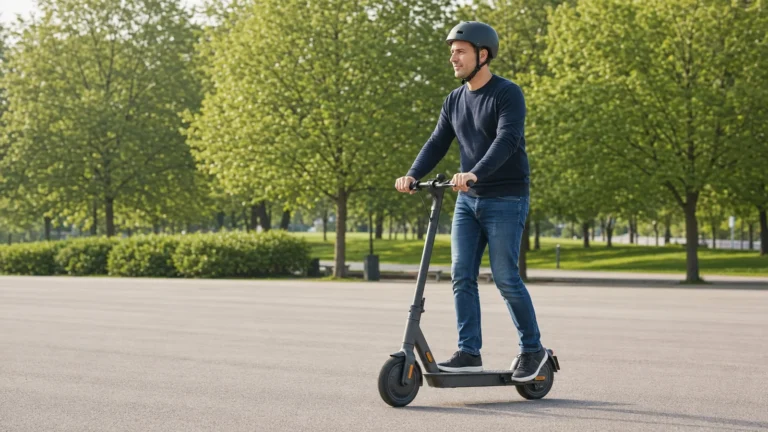 Mann übt auf einem E-Scooter mit Helm auf einer freien Fläche im Park