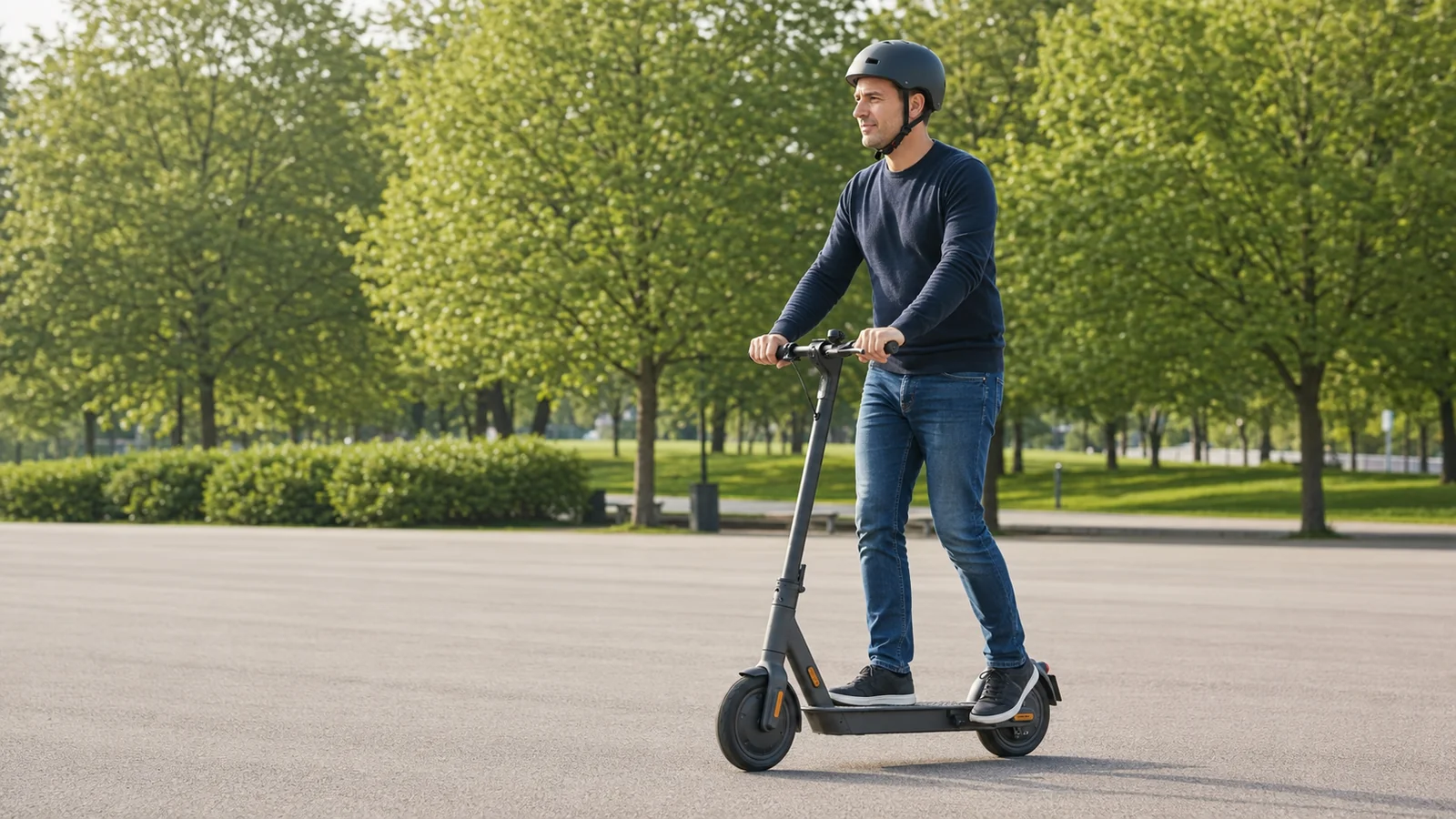 Mann übt auf einem E-Scooter mit Helm auf einer freien Fläche im Park