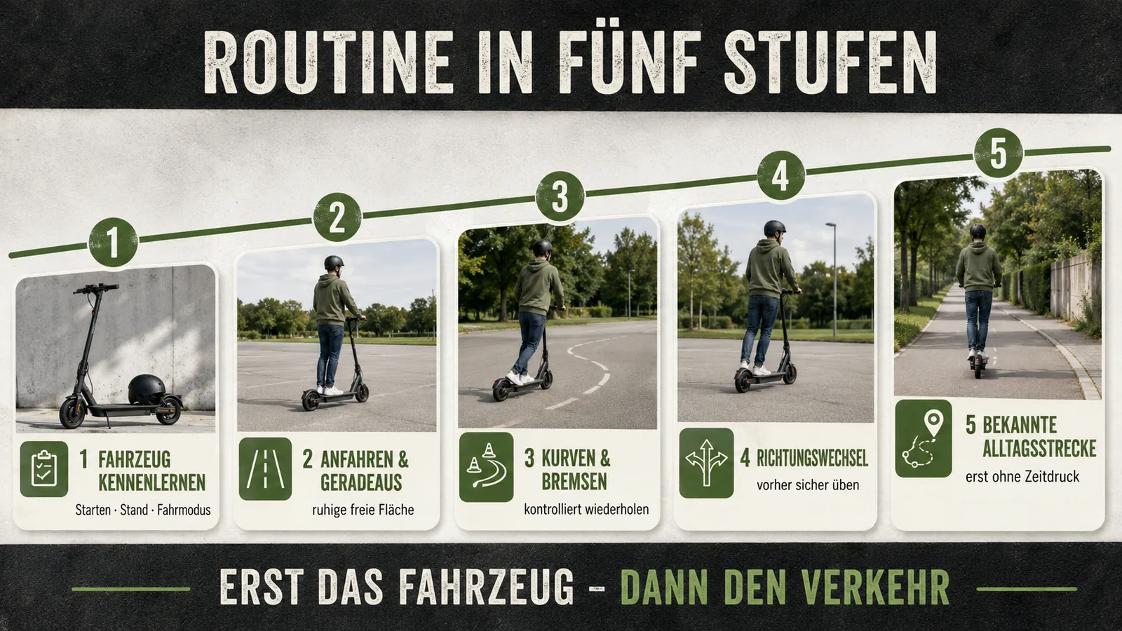 Infografik: Routine in fünf Stufen – Fahrzeug kennenlernen, Anfahren und Geradeaus, Kurven und Bremsen, Richtungswechsel, bekannte Alltagsstrecke