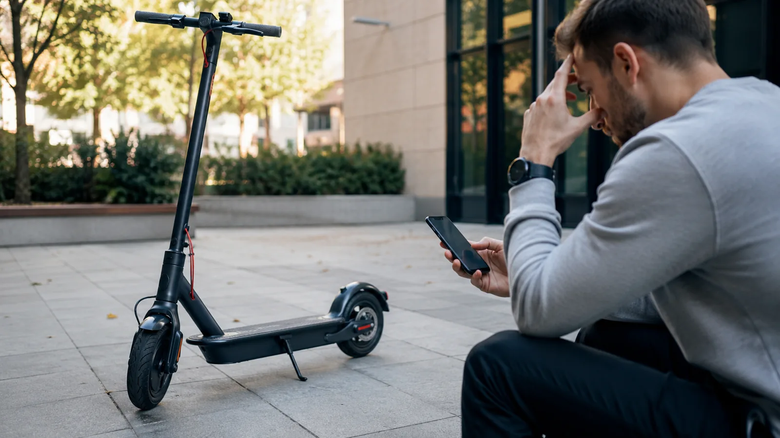 Frustrierter Mann mit Smartphone sitzt neben geparktem E-Scooter und wartet auf ein Update