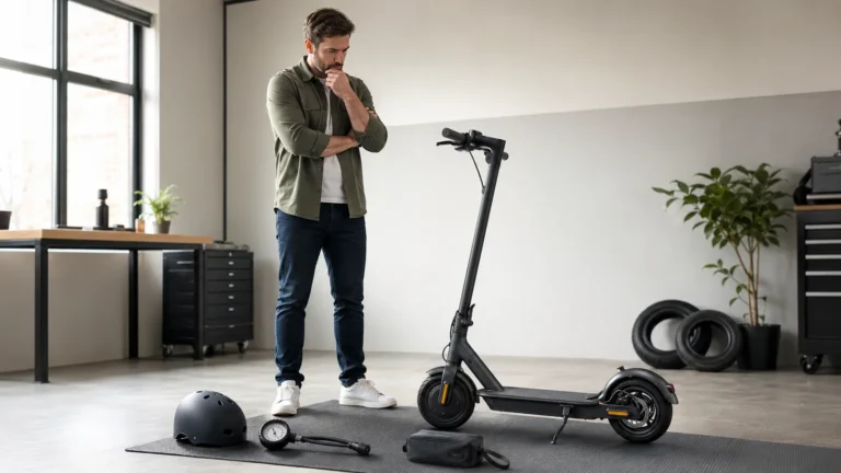 Mann überlegt vor seinem E-Scooter mit Helm, Pumpe und Tasche auf dem Boden