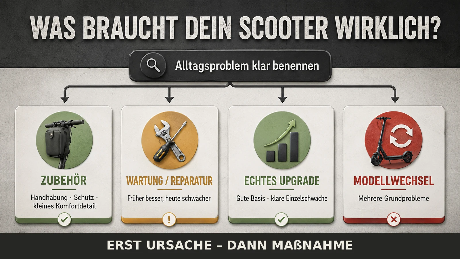 Infografik: was der Scooter wirklich braucht – Zubehör, Wartung und Reparatur, echtes Upgrade oder Modellwechsel