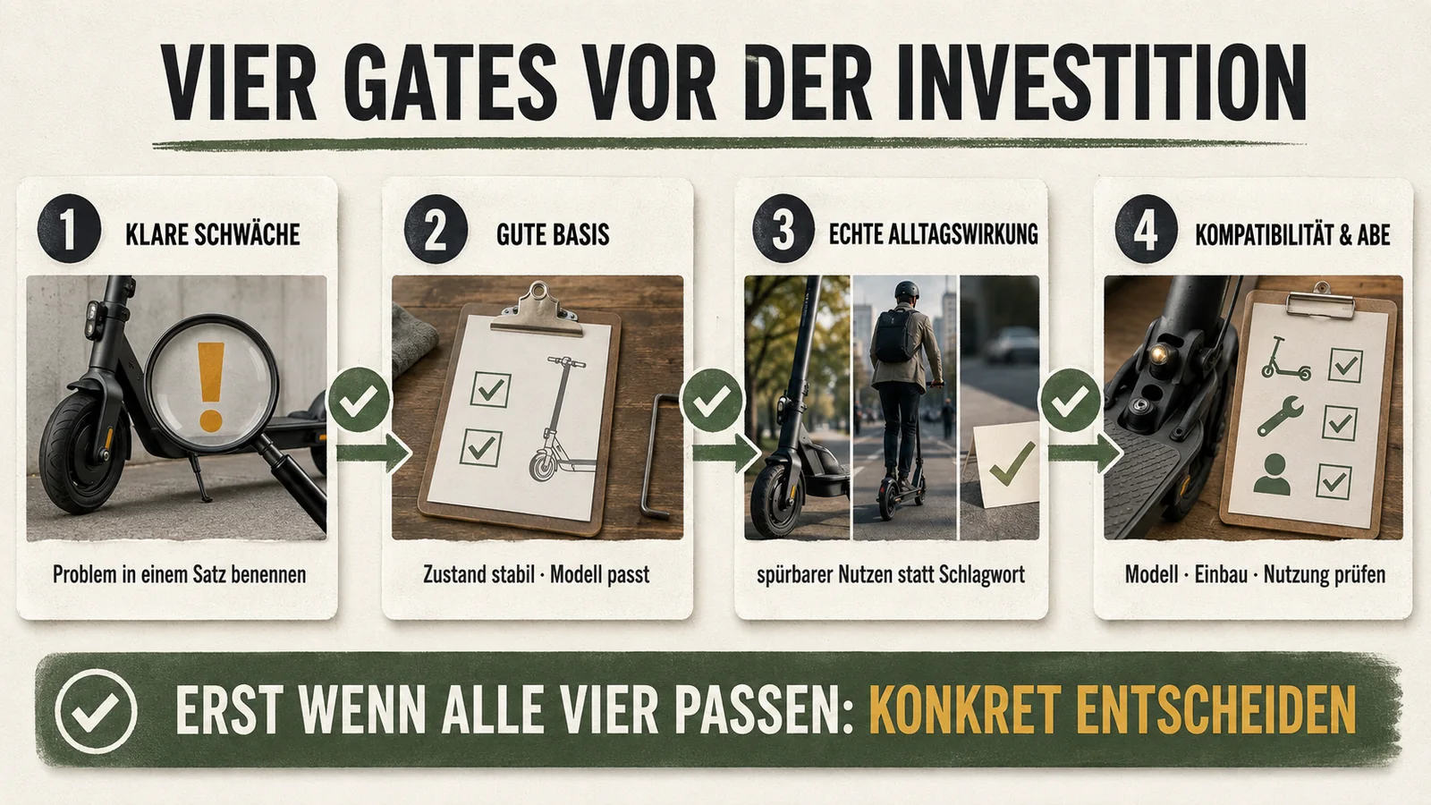 Infografik: vier Gates vor der Investition – klare Schwäche, gute Basis, echte Alltagswirkung, Kompatibilität und ABE