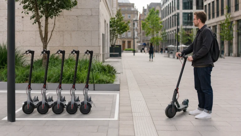 Mann mit E-Scooter neben abgestellten Leih-Scootern auf einem Platz