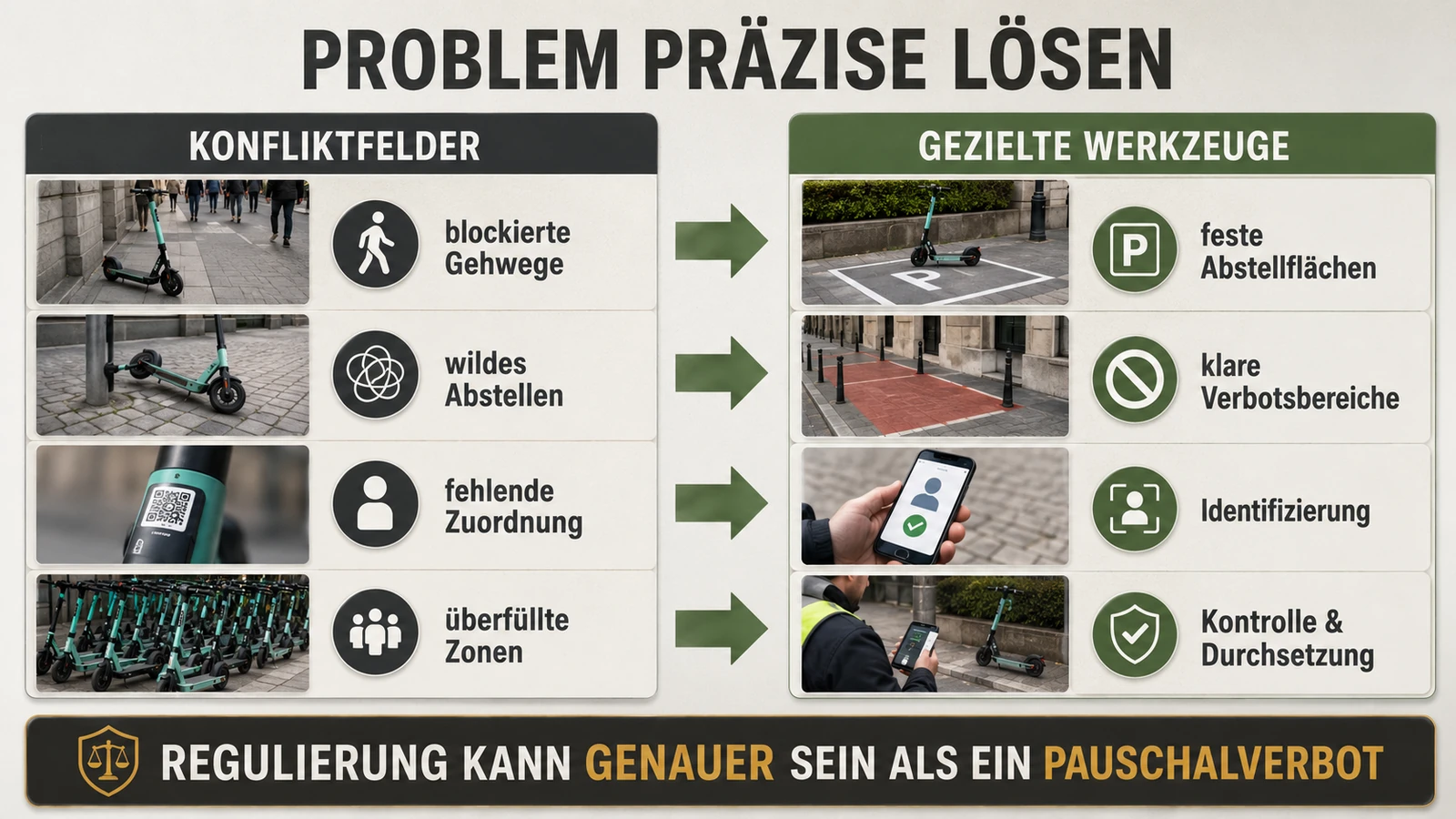 Infografik: Konflikte präzise lösen – feste Abstellflächen, Verbotsbereiche, Identifizierung, Kontrolle statt Pauschalverbot