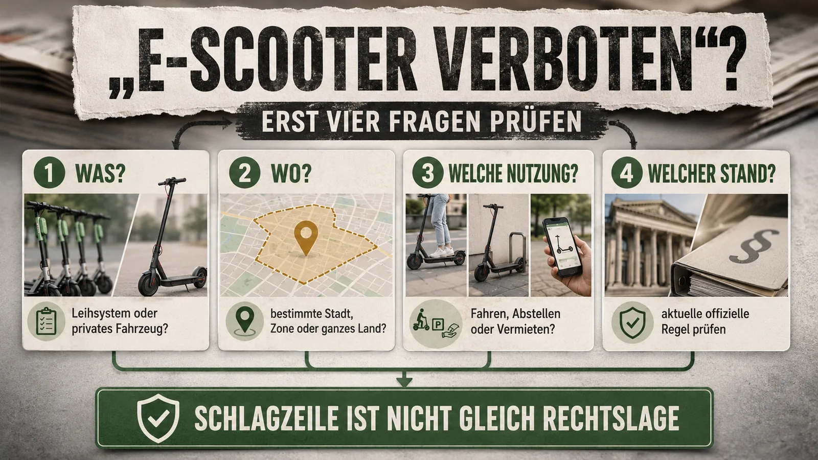 Infografik: E-Scooter verboten – erst vier Fragen prüfen – was, wo, welche Nutzung, welcher Stand