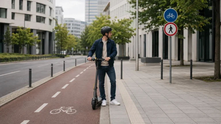 Mann auf einem E-Scooter am Rand eines Radwegs neben Rad- und Fußgängerschildern