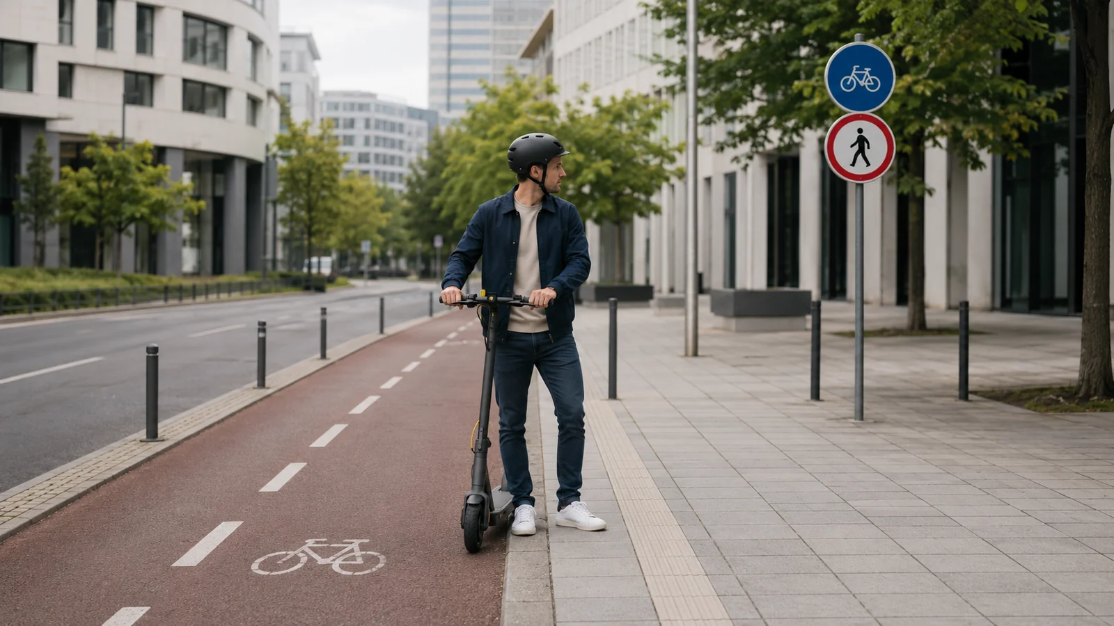 Mann auf einem E-Scooter am Rand eines Radwegs neben Rad- und Fußgängerschildern