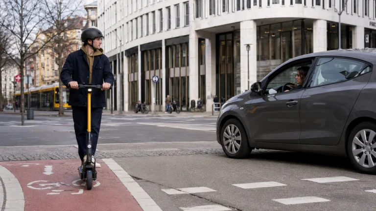 Fahrer mit Helm auf einem E-Scooter auf dem Radweg neben einem Auto an einer Kreuzung