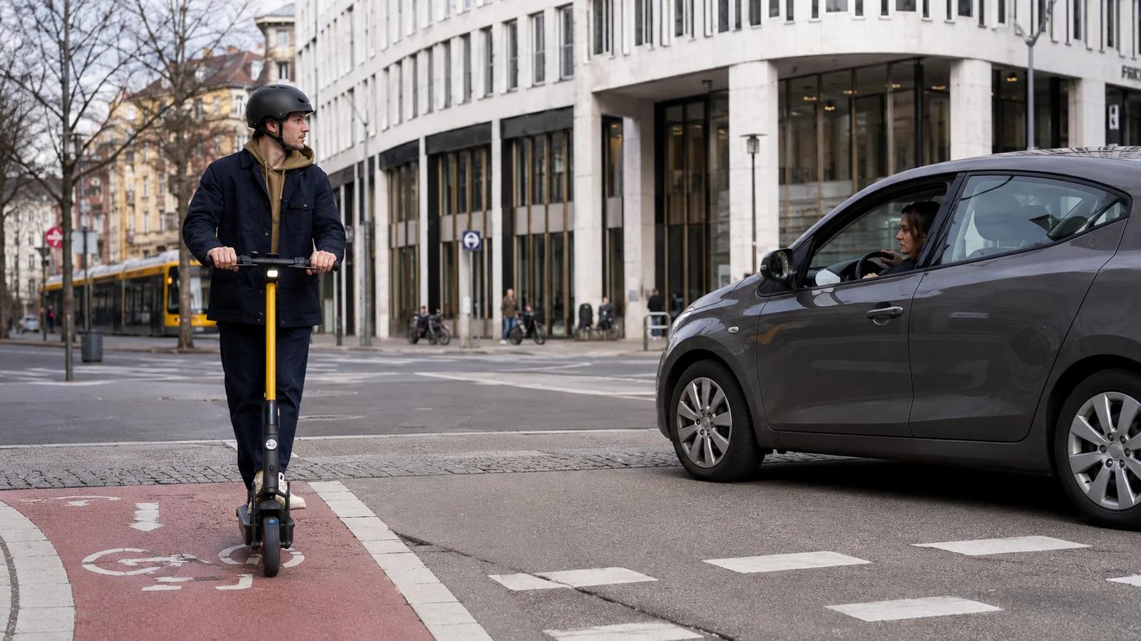 Fahrer mit Helm auf einem E-Scooter auf dem Radweg neben einem Auto an einer Kreuzung