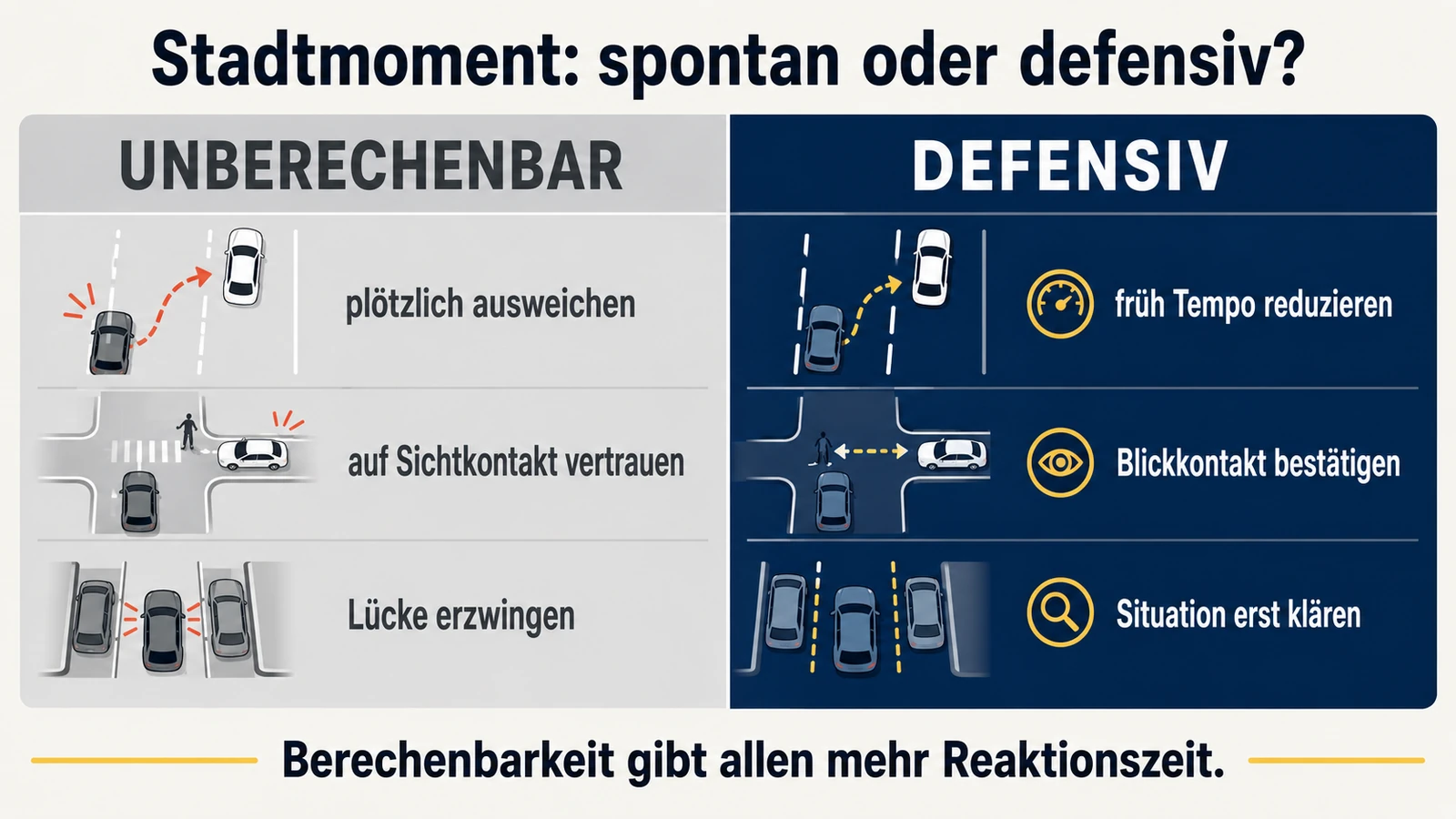Infografik: Stadtmoment spontan oder defensiv – früh Tempo reduzieren, Blickkontakt bestätigen, Situation erst klären