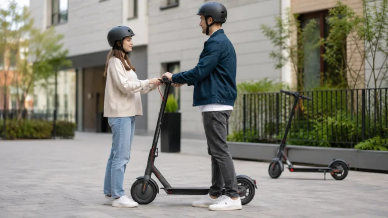 Zwei Personen mit Helmen übergeben sich einen schwarzen E-Scooter auf der Straße, Thema E-Scooter verleihen und Risiko