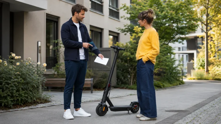 Mann übergibt einer Frau einen E-Scooter und hält Unterlagen in der Hand
