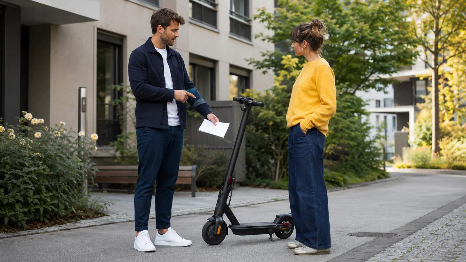 Mann übergibt einer Frau einen E-Scooter und hält Unterlagen in der Hand