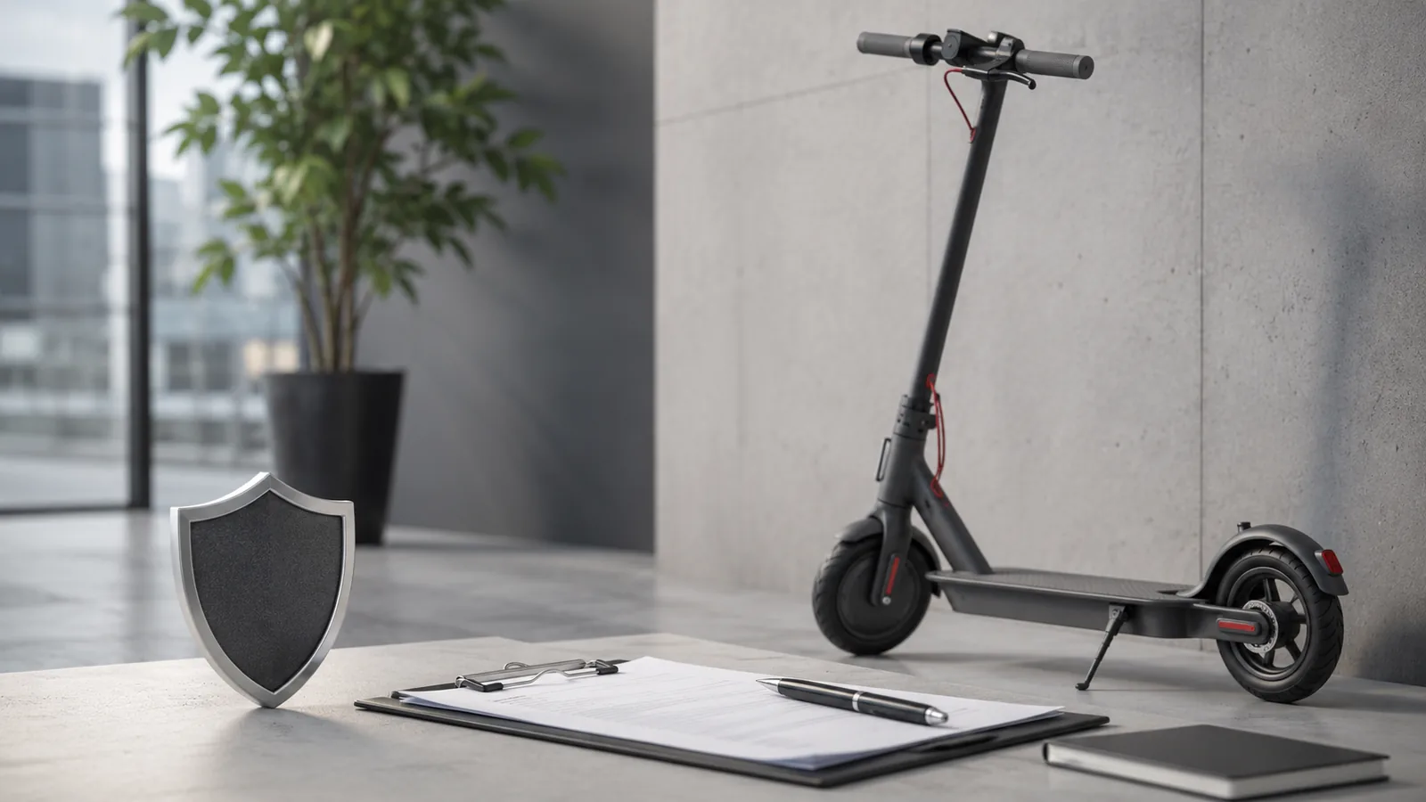 E-Scooter mit Versicherungsunterlagen und Schutzschild auf Schreibtisch