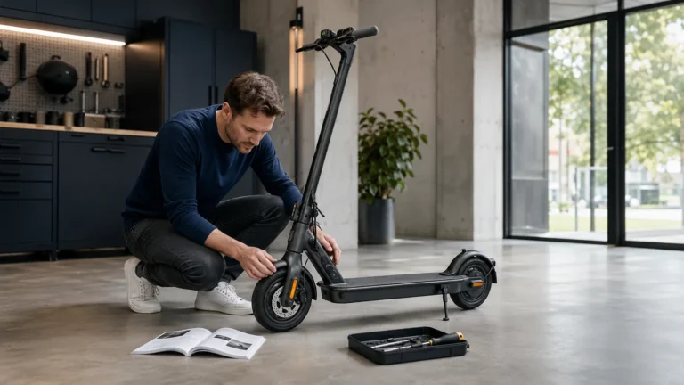 Mann prüft kniend einen E-Scooter mit Handbuch und Werkzeug in einem Raum