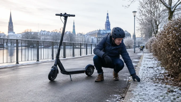 Mann prüft im Winter seinen E-Scooter auf einem verschneiten Uferweg