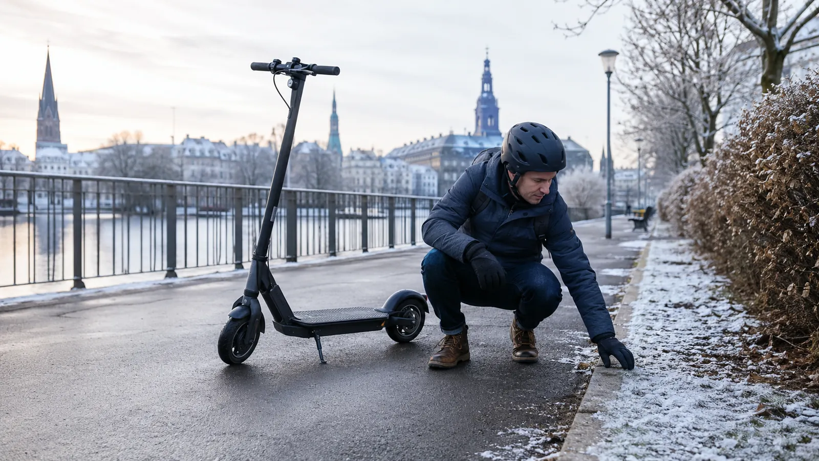 Mann prüft im Winter seinen E-Scooter auf einem verschneiten Uferweg