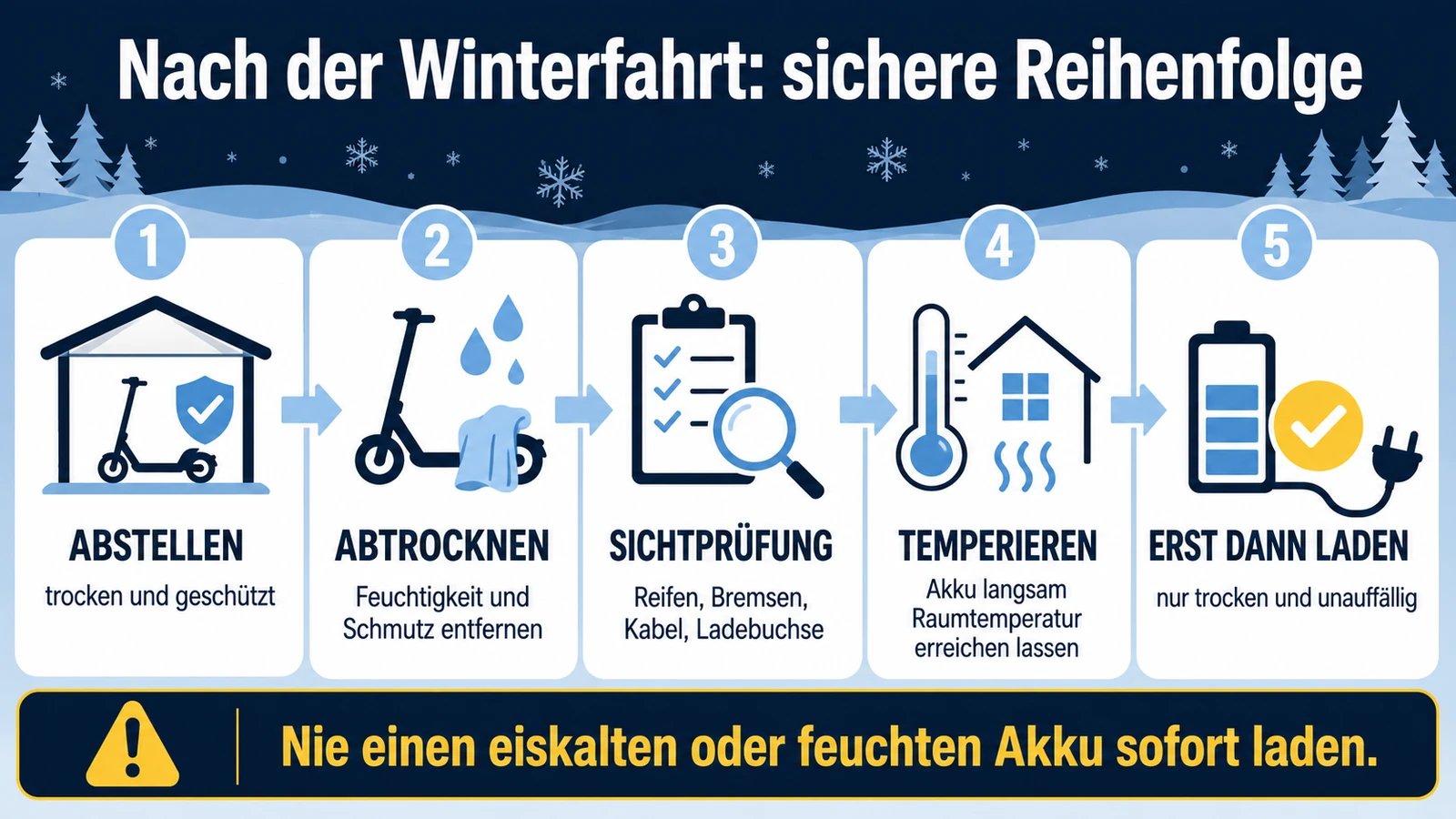 Infografik: nach der Winterfahrt die sichere Reihenfolge – abstellen, abtrocknen, Sichtprüfung, temperieren, erst dann laden