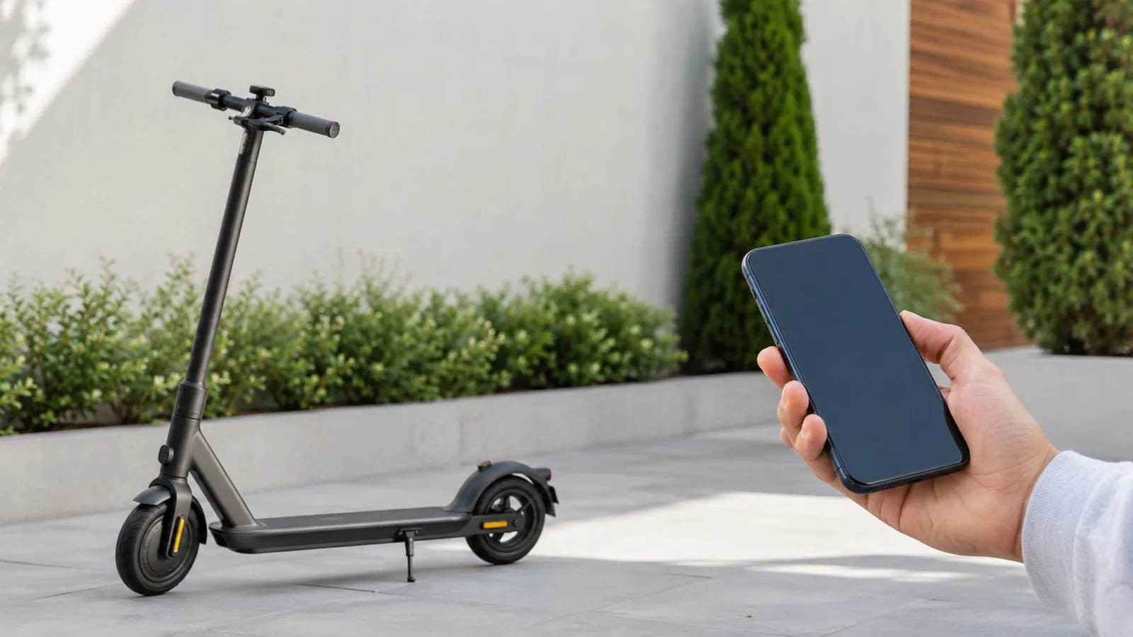 Schwarzer E-Scooter auf gepflastertem Hof, Hand hält Smartphone mit leerem Display, E-Scooter wird plötzlich langsamer