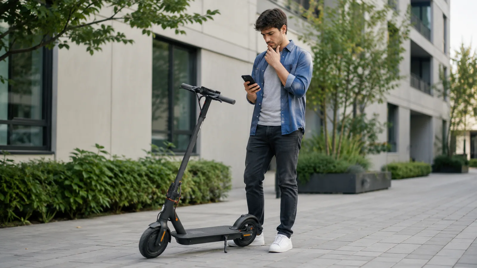 Person prüft nachdenklich Smartphone neben E-Scooter auf Hof, Hinweis auf nachlassende Leistung