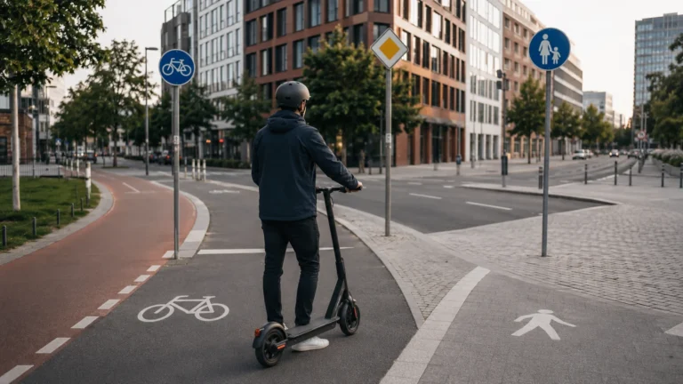 Fahrer mit Helm auf einem E-Scooter an einer Kreuzung mit Radweg- und Fußgängerschildern