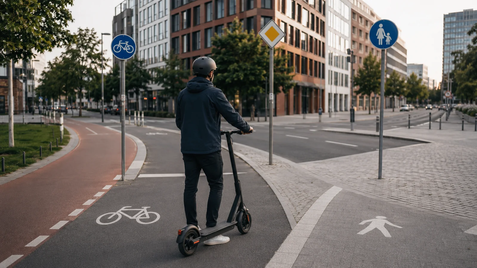 Fahrer mit Helm auf einem E-Scooter an einer Kreuzung mit Radweg- und Fußgängerschildern