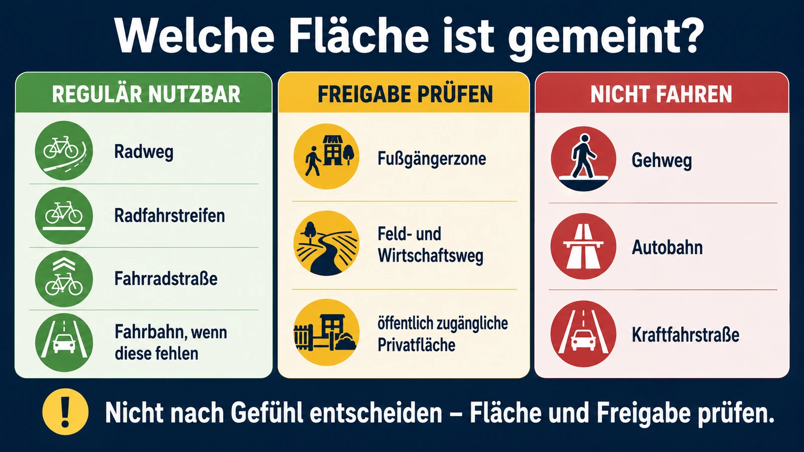 Infografik: welche Verkehrsfläche für E-Scooter gilt – regulär nutzbar, Freigabe prüfen oder nicht fahren