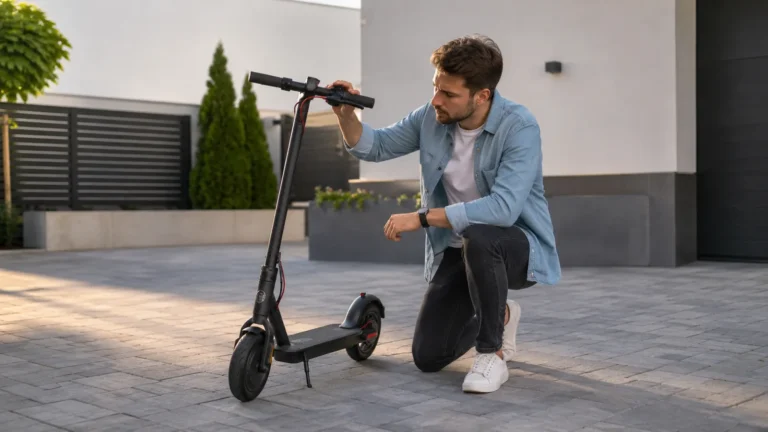 Mann kniet nachdenklich neben schwarzem E-Scooter auf gepflastertem Hof und prüft den Lenker, weil der Scooter nicht mehr richtig zieht