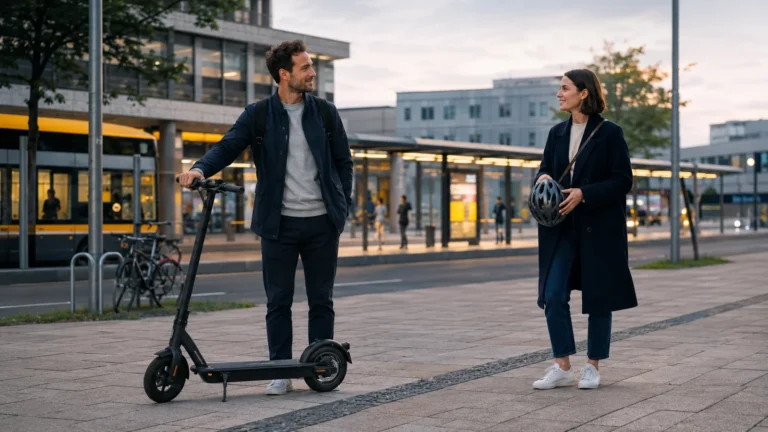 Mann auf einem E-Scooter und eine Frau mit Helm gehen nebeneinander an einer Haltestelle