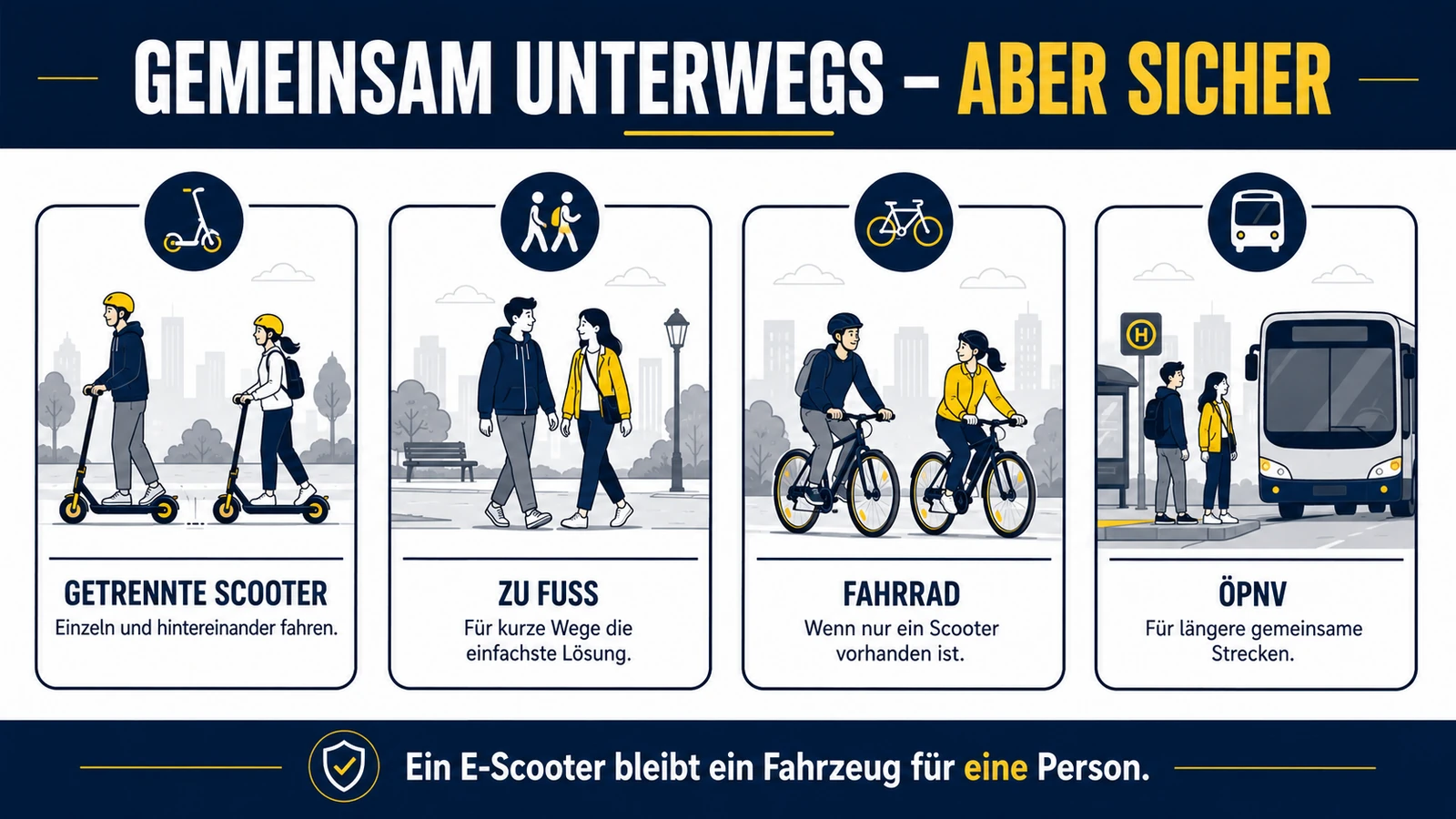 Infografik: gemeinsam unterwegs, aber sicher – getrennte Scooter, zu Fuß, Fahrrad oder ÖPNV