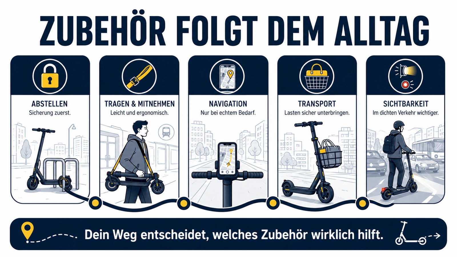 Infografik: Zubehör folgt dem Alltag – Abstellen, Tragen und Mitnehmen, Navigation, Transport, Sichtbarkeit