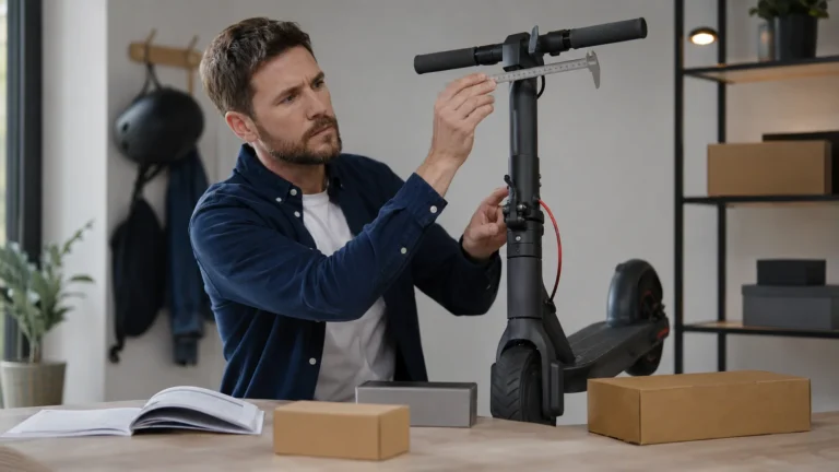 Mann vermisst mit einem Messschieber seinen E-Scooter neben Paketen