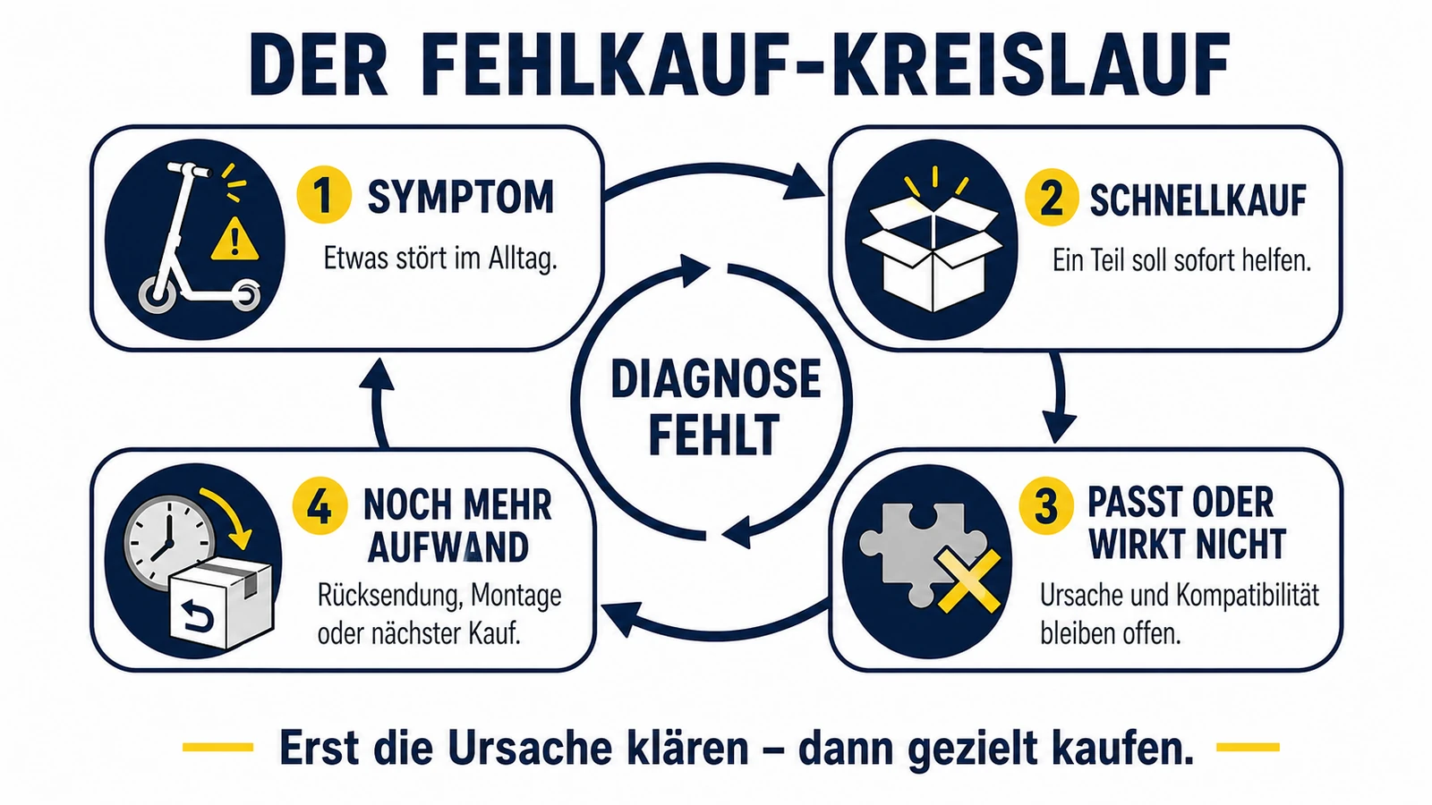 Infografik: der Fehlkauf-Kreislauf beim Zubehör – Symptom, Schnellkauf, passt nicht, noch mehr Aufwand