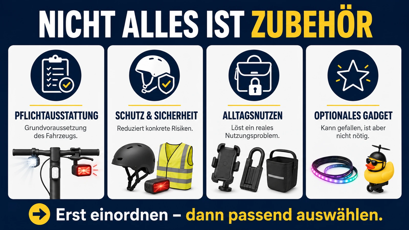 Infografik: nicht alles ist Zubehör – Pflichtausstattung, Schutz und Sicherheit, Alltagsnutzen, optionales Gadget