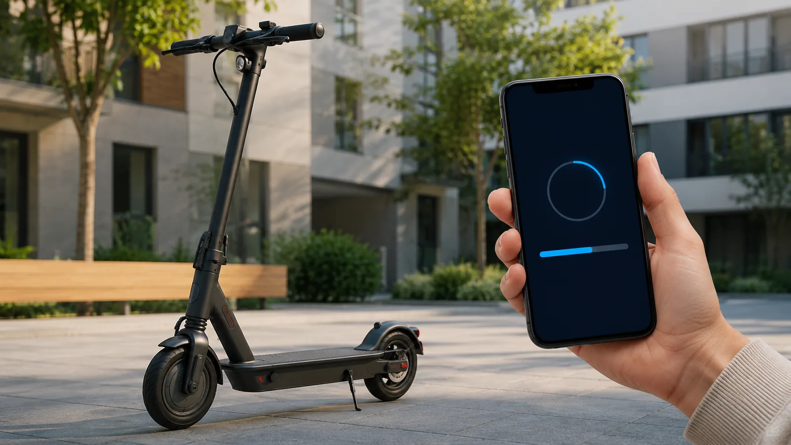 E-Scooter und Smartphone mit Ladekreis und Fortschrittsbalken während eines Updates