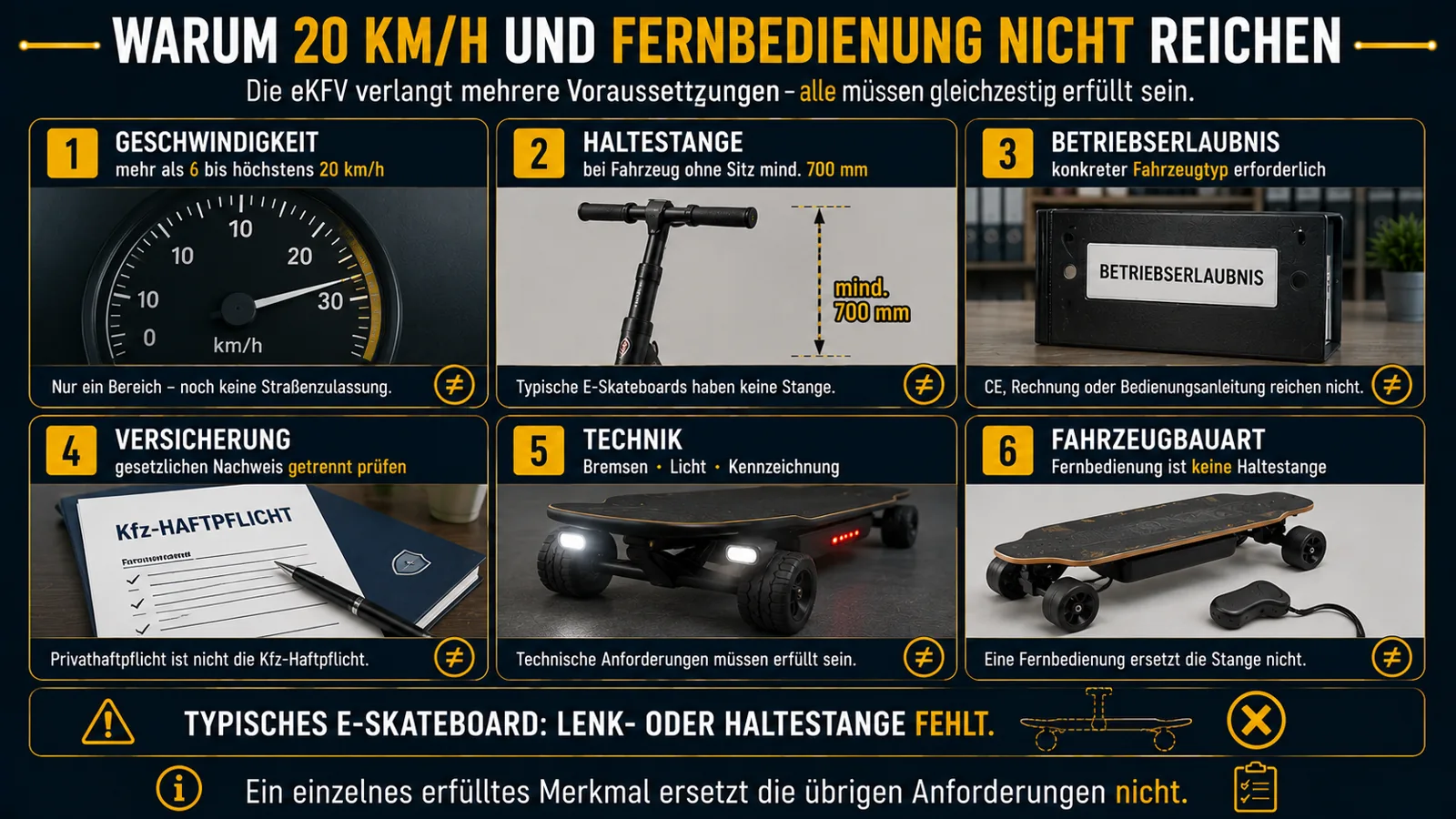 Sechs eKFV-Prüfpunkte und die fehlende Haltestange beim E-Skateboard