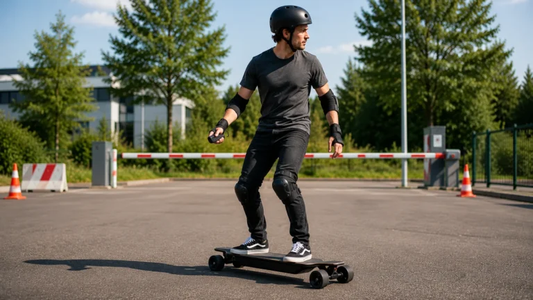Fahrer auf einem E-Longboard auf einer abgesperrten nichtöffentlichen Trainingsfläche