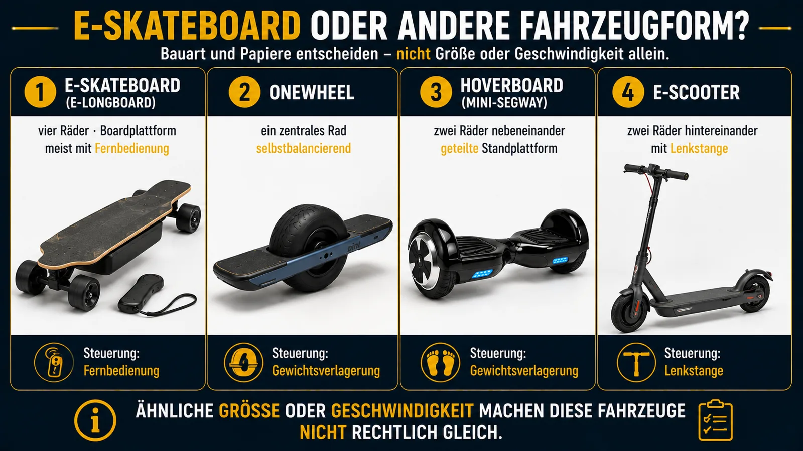 E-Skateboard, Onewheel, Hoverboard und E-Scooter im Bauartvergleich