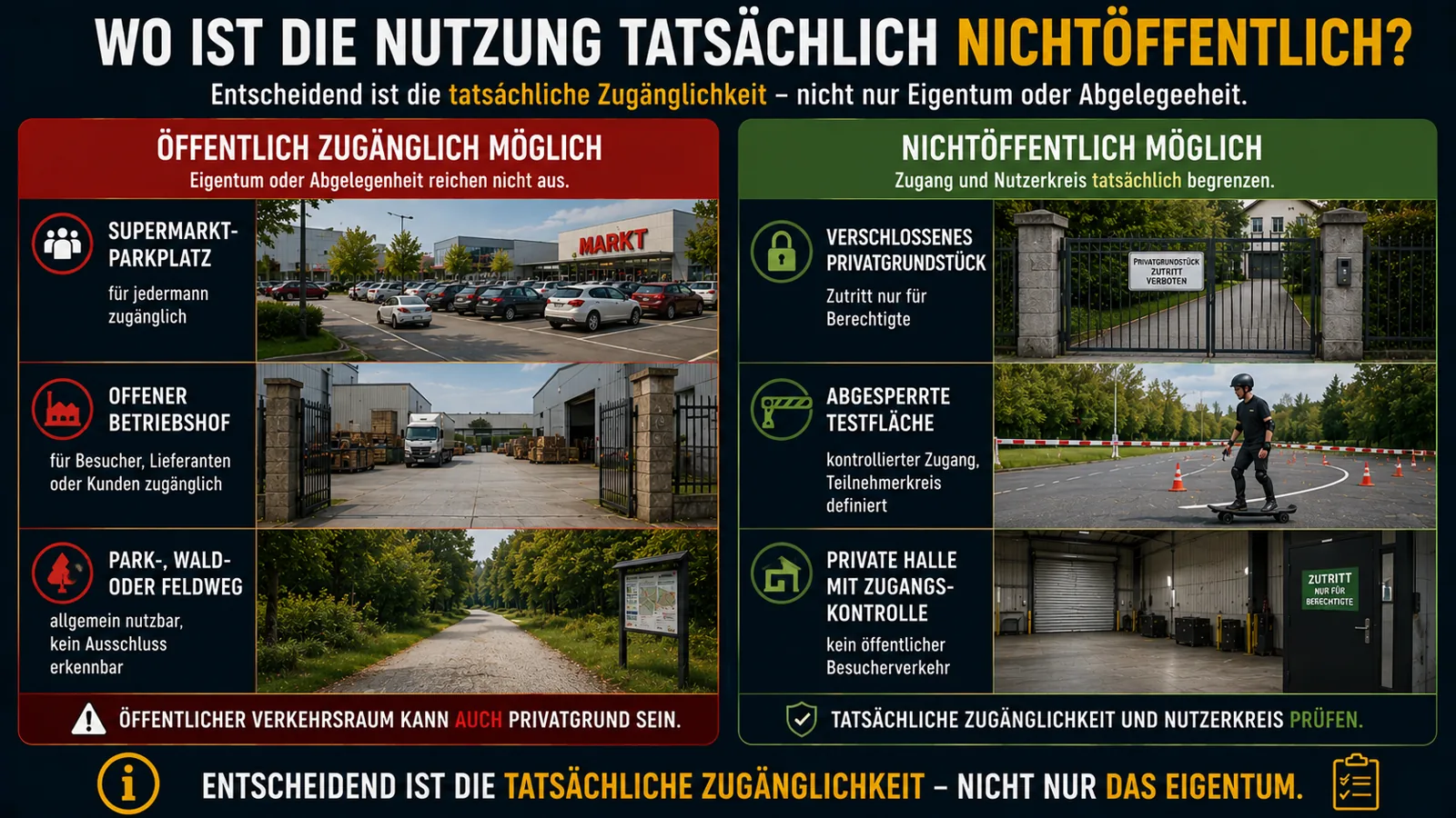 Öffentlich zugängliche und mögliche nichtöffentliche Flächen für E-Skateboards