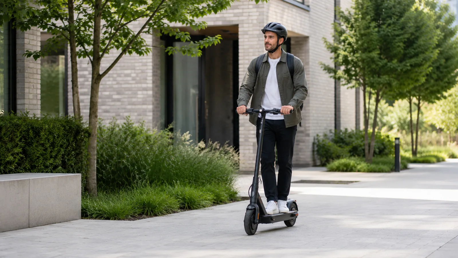 Fahrer auf E-Scooter auf ebenem Weg vor begrüntem Gebäude, ruhiges effizientes Fahren