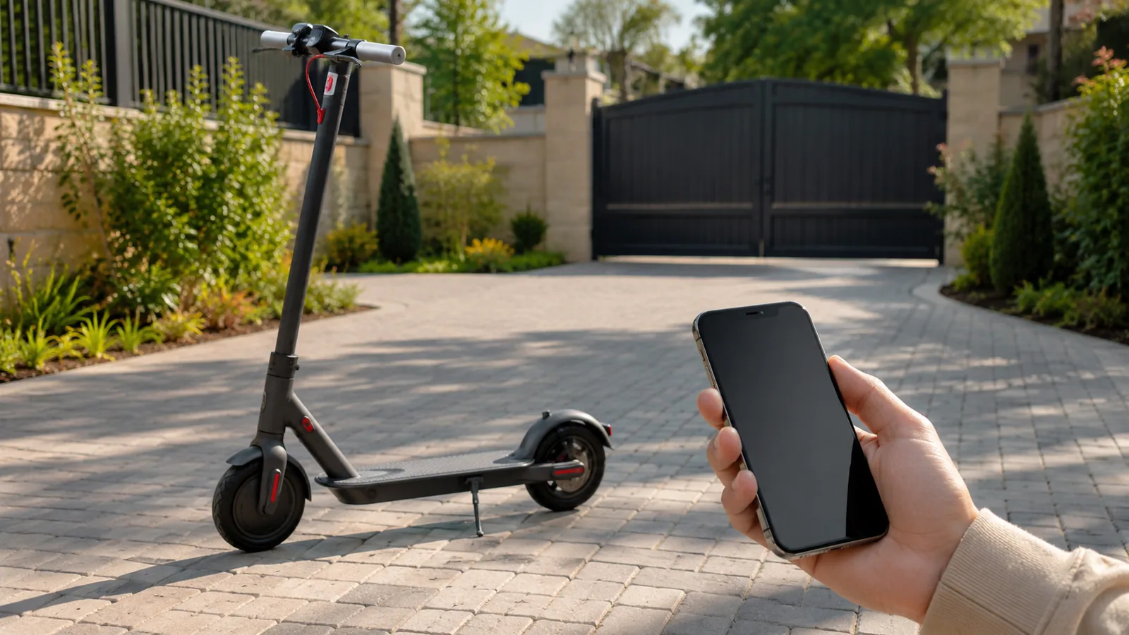 E-Scooter auf hellem sonnigem Hof, Hand hält Smartphone, clean und freundlich, einfache Anfänger-Lösung