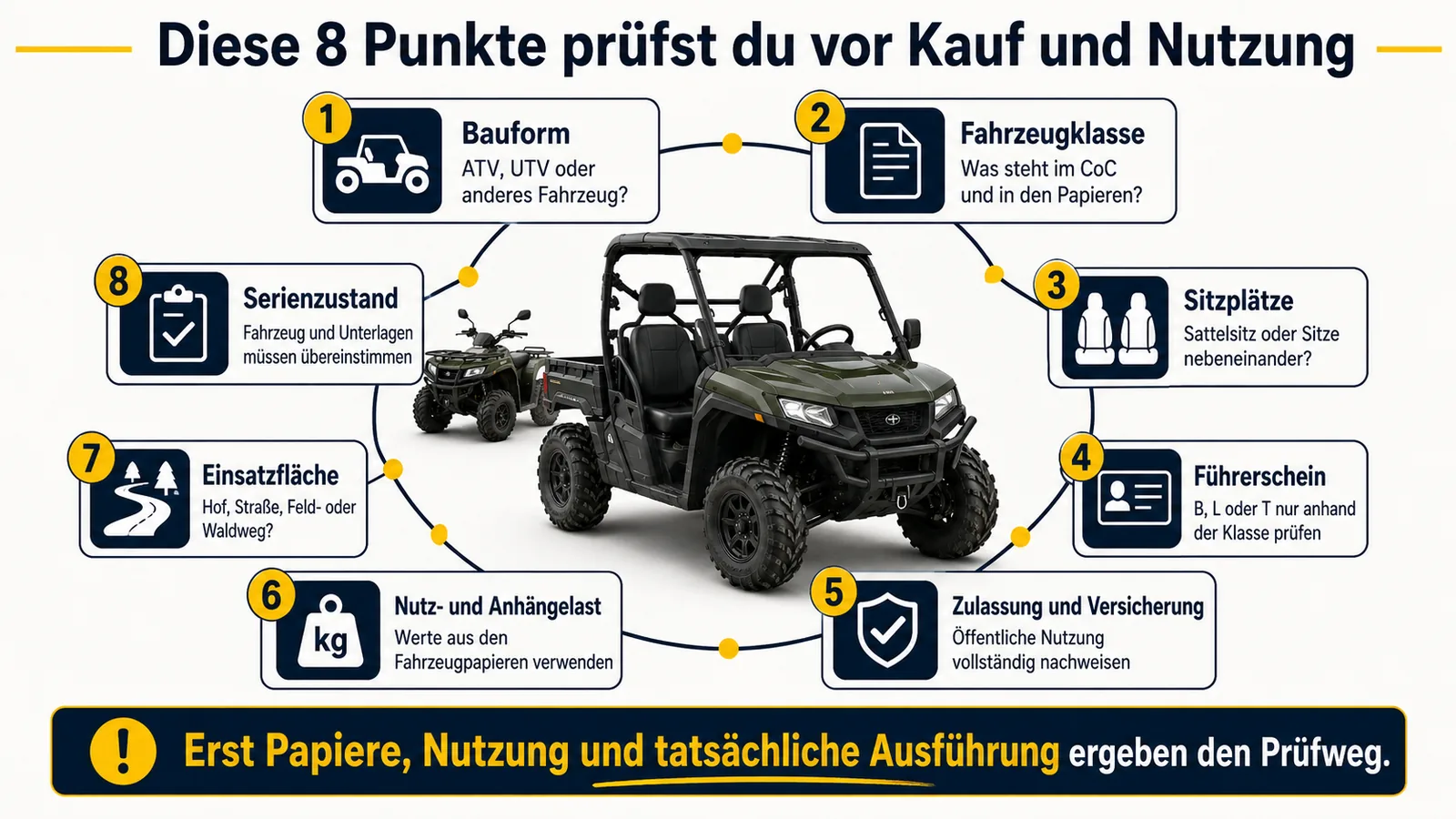 Infografik: Acht Prüfpunkte vor Kauf und Nutzung eines Elektro-ATV oder UTV von Bauform und Fahrzeugklasse über Sitzplätze und Führerschein bis Serienzustand