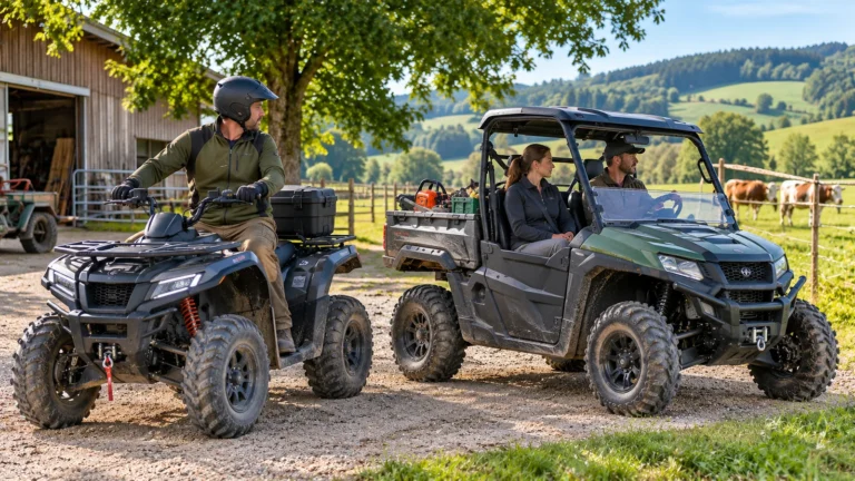 Markenloses elektrisches ATV mit Sattelsitz und ein elektrisches UTV mit Ladefläche und Schutzrahmen auf einem landwirtschaftlichen Betrieb
