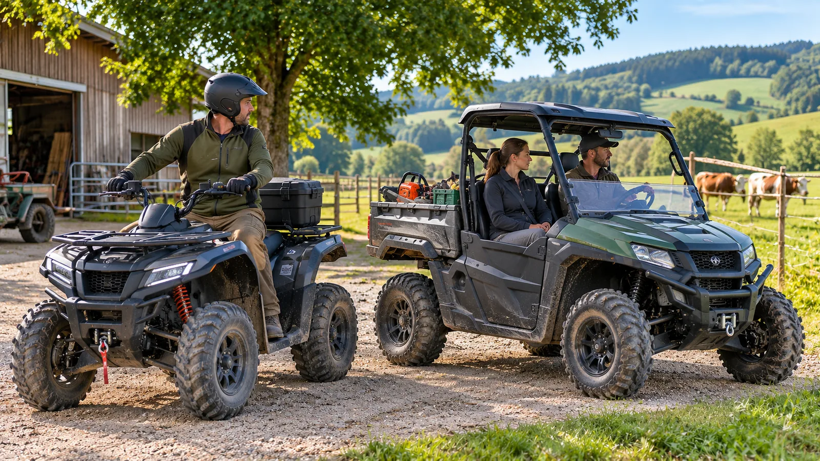 Markenloses elektrisches ATV mit Sattelsitz und ein elektrisches UTV mit Ladefläche und Schutzrahmen auf einem landwirtschaftlichen Betrieb