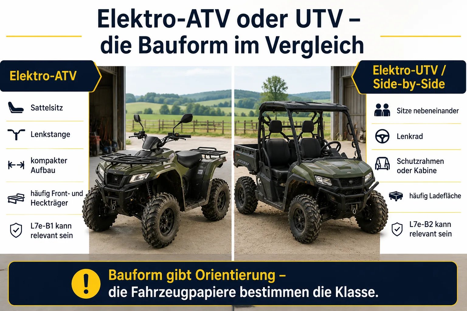Infografik: Elektro-ATV mit Sattelsitz und Lenker gegenüber Elektro-UTV mit Lenkrad, nebeneinanderliegenden Sitzen und Ladefläche im Bauform-Vergleich