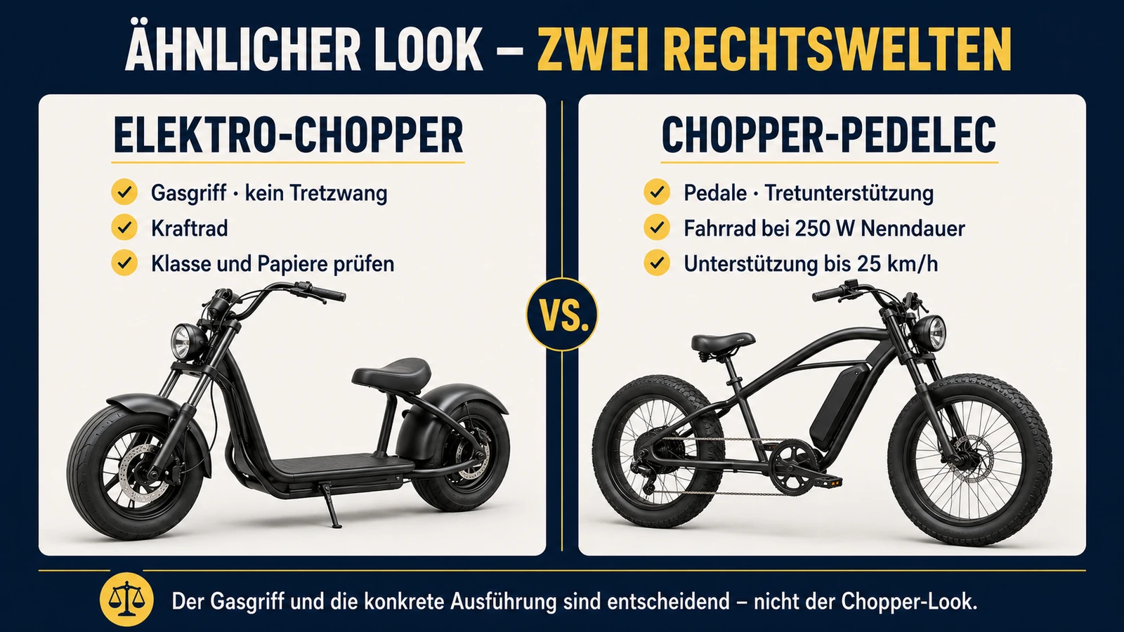 Infografik Elektro-Chopper als Kraftrad gegen Chopper-Pedelec