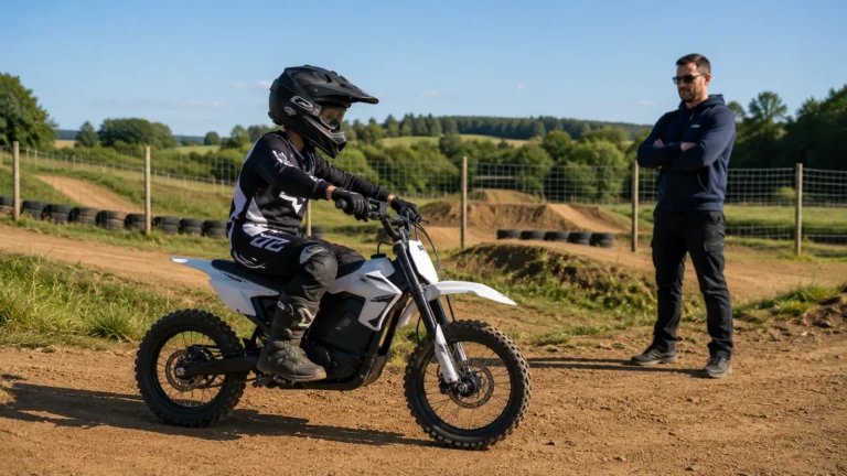 Kind mit voller Schutzausrüstung auf Elektro-Dirtbike auf eingezäunter Trainingsstrecke mit Aufsichtsperson