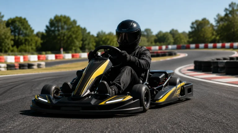 Erwachsener Fahrer in einem elektrischen Gokart auf einer abgesperrten Outdoor-Kartstrecke